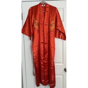 VTG Golden Dragon Kimono Sz XL Red Silk Embroidered Oriental‎ Chinese New Year